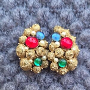 Elegant Gold Tone and Multicolor Gem Earrings